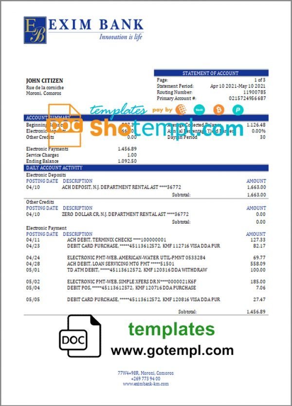 Comoros Exim bank statement Word and PDF template, fully editable