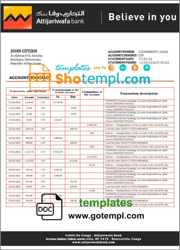 Congo Credit du Congo bank statement Word and PDF (.doc and .pdf) template