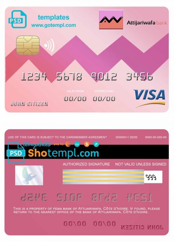 Côte d’Ivoire Attijariwafa visa credit card template in PSD format, fully editable