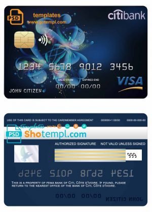 Côte d’Ivoire Citi bank visa credit card template in PSD format, fully editable