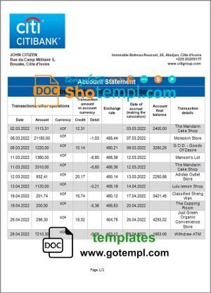 Cote d’Ivoire Citibank bank statement template in Word and PDF format