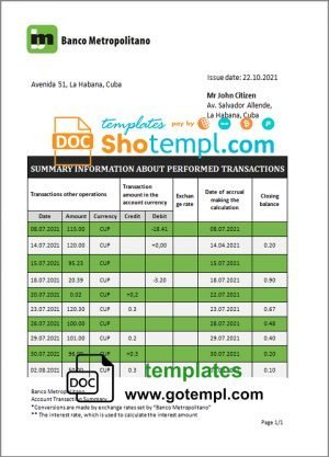 Cuba Banco Metropolitano bank proof of address statement template in Word and PDF format