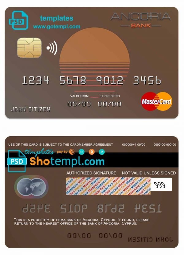 Cyprus Ancoria bank mastercard template in PSD format, fully editable