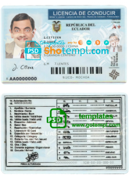 Ecuador driving license template in PSD format, fully editable