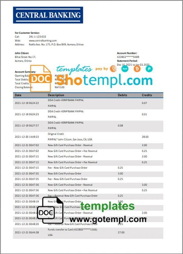 Eritrea Central bank statement template in Word and PDF format