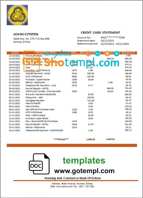 Eritrea Housing and Commerce bank statement template in Word and PDF format