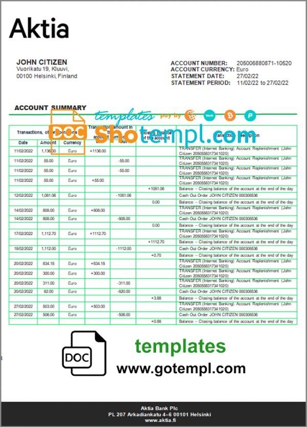 Finland Aktia Bank statement template in Word and PDF format