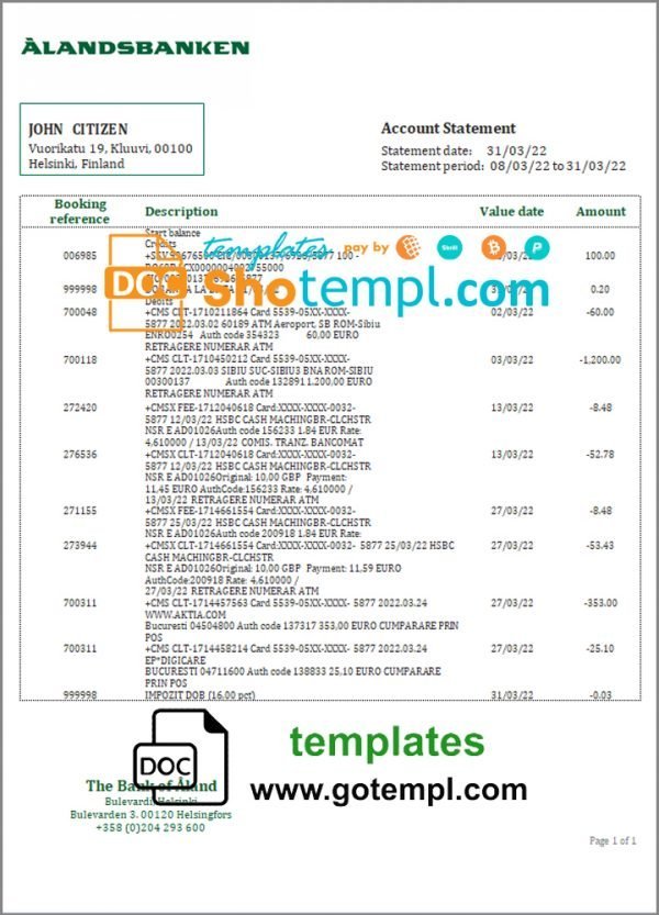 Finland Aland Bank statement template in Word and PDF format