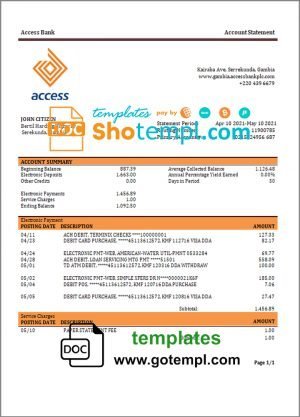 Gambia Access bank statement template in Word and PDF format