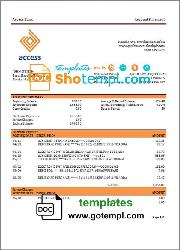 Gambia Access bank statement template in Word and PDF format