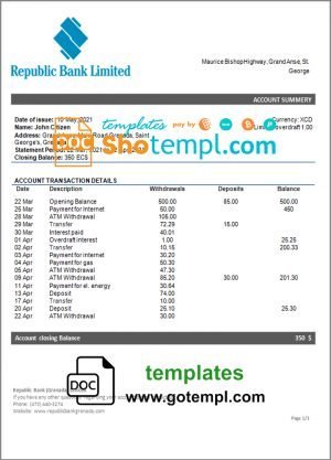 Costa Rica Banco Nacional bank statement easy to fill template in .xls and .pdf file format