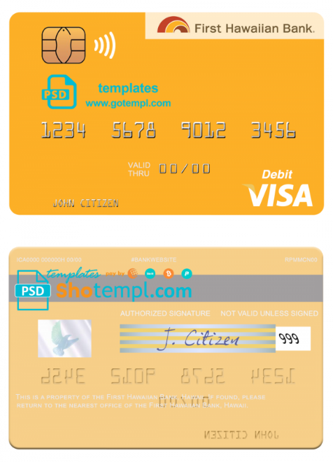 Hawaii First Hawaiian Bank visa card template in PSD format, fully editable