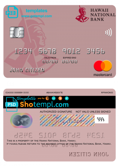 Hawaii National Bank mastercard template in PSD format, fully editable