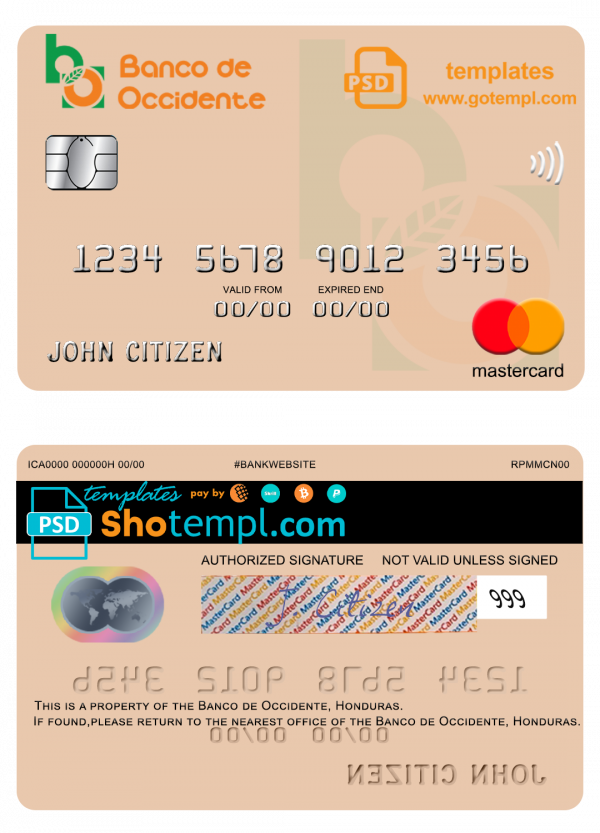 Honduras Banco de Occidente mastercard template in PSD format, fully editable