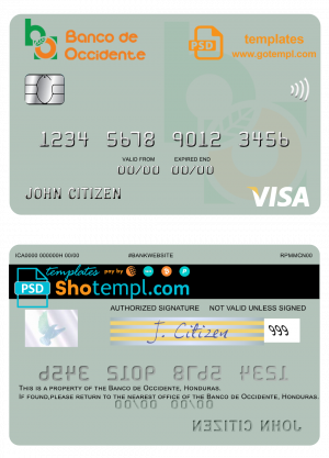 Honduras Banco de Occidente visa card template in PSD format, fully editable