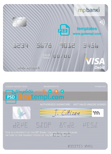 Iceland MP Banki visa card template in PSD format, fully editable