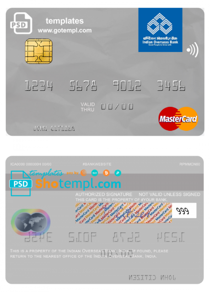 India Indian Overseas Bank mastercard template in PSD format, fully editable