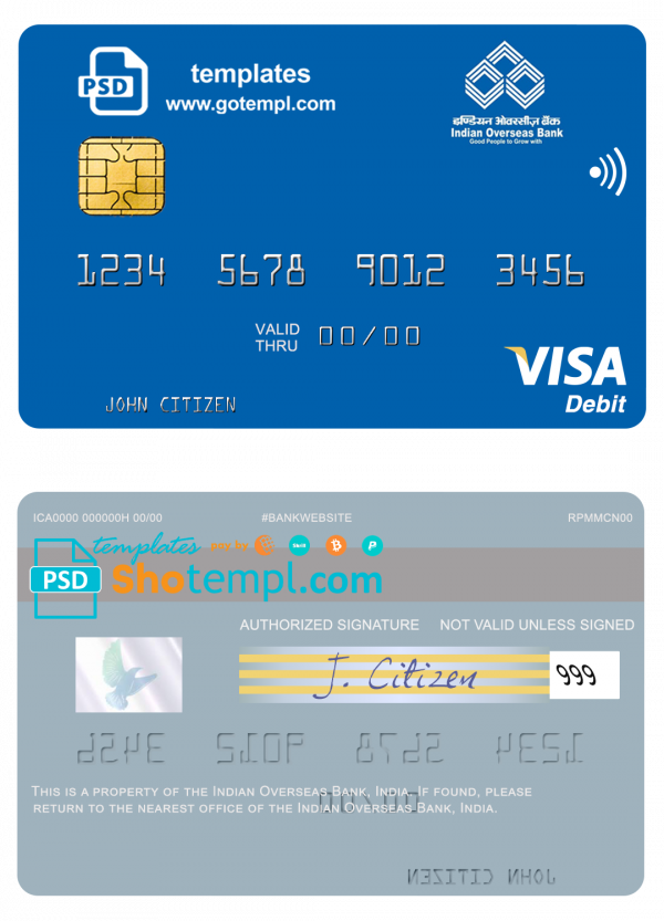 India Indian Overseas Bank visa card template in PSD format, fully editable