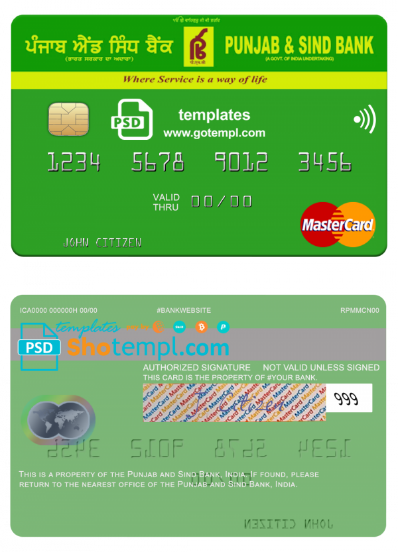 India Punjab and Sind Bank mastercard template in PSD format, fully editable