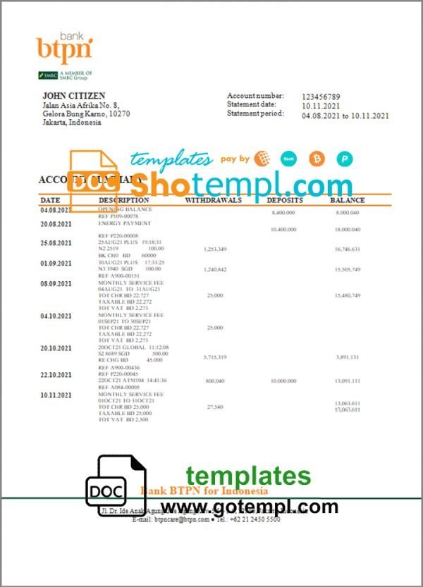 Indonesia BTPN proof of address bank statement in Word and PDF format