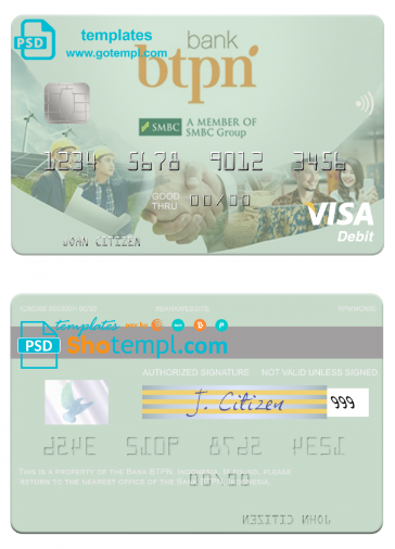 Indonesia Bank BTPN visa card template in PSD format, fully editable