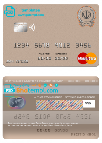 Iran Sepah bank mastercard template in PSD format, fully editable