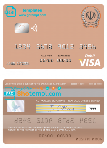 Iran Sepah bank visa card template in PSD format, fully editable