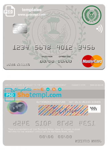 Iraq Rafidain bank mastercard card template in PSD format, version 2