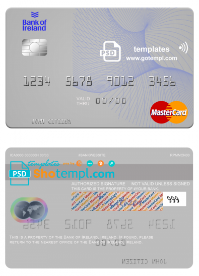 Ireland Bank of Ireland mastercard template in PSD format, fully editable