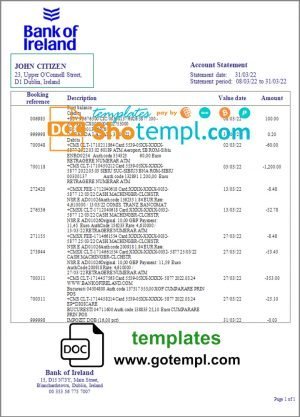 Ireland Bank of Ireland bank statement template in Word and PDF format