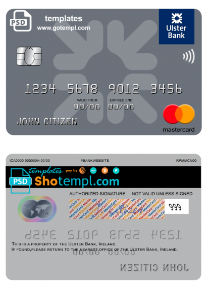 Ireland Ulster Bank Ireland mastercard template in PSD format, fully editable