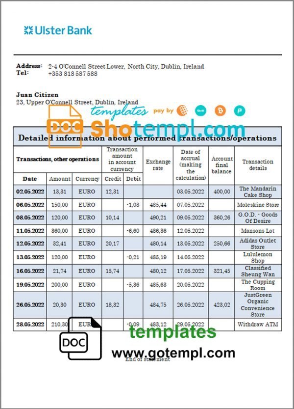 Ireland Ulster proof of address bank statement in Word and PDF format