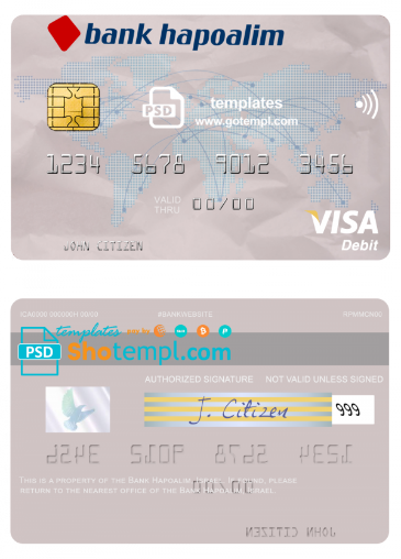 Israel Bank Hapoalim visa card template in PSD format, fully editable