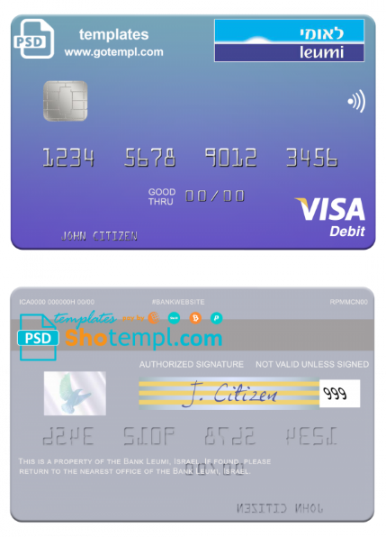 Israel Bank Leumi visa card template in PSD format, fully editable