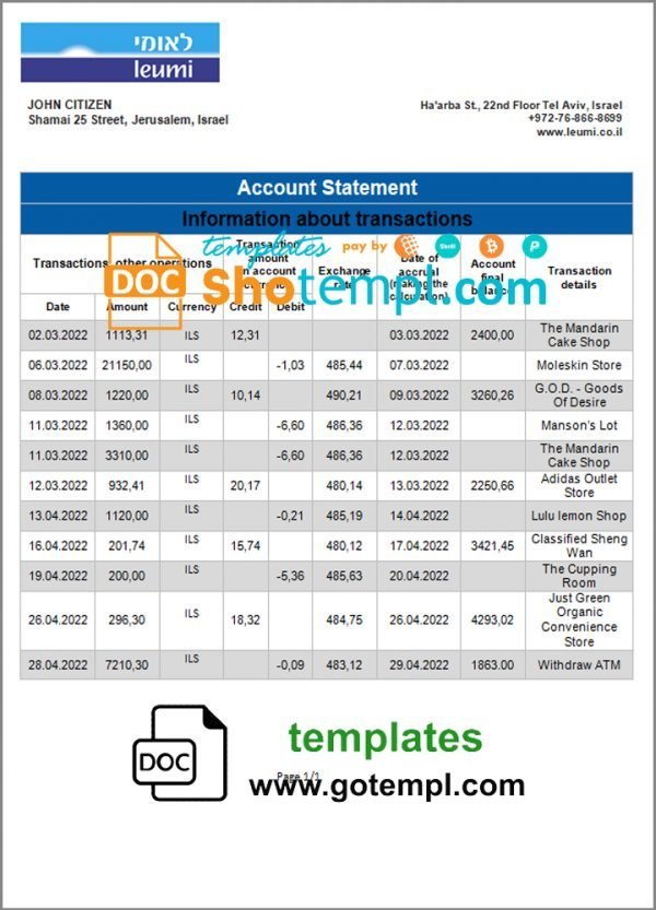 Israel Leumi proof of address bank statement template in Word and PDF format