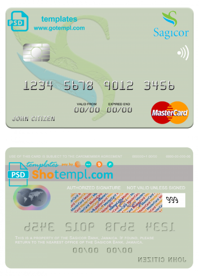 Jamaica Sagicor Bank mastercard fully editable template in PSD format