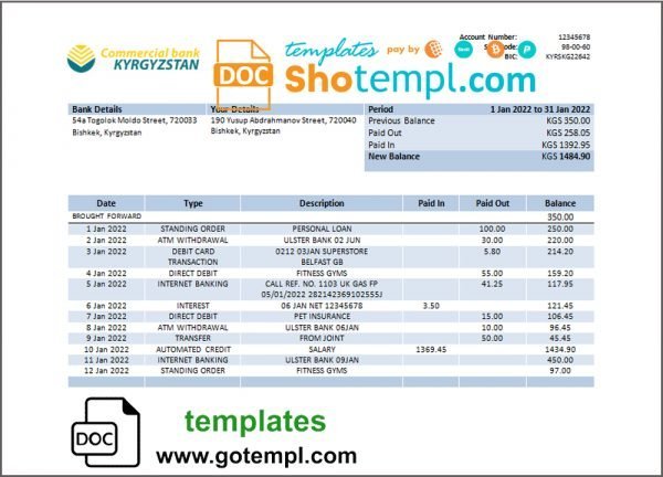 Kyrgyzstan Commercial Bank statement template in Word and PDF format