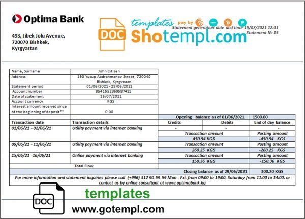 Kyrgyzstan Optima Bank statement template in Word and PDF format