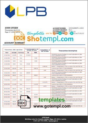 Latvia LPB bank statement template in Word and PDF format