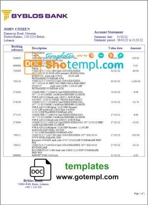 Lebanon Byblos Bank statement template in Word and PDF format