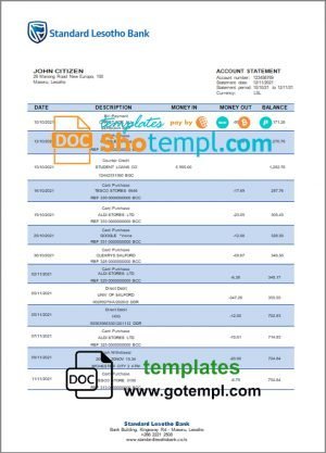 Lesotho Standard Lesotho Bank statement template in Word and PDF format