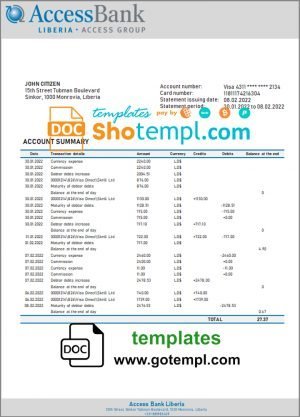 Liberia Access Bank statement template in Word and PDF format