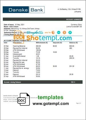 Lithuania (Litva) Danske bank  statement template in Word and PDF format