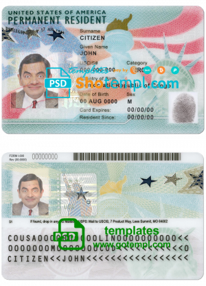 USA green card, permanent resident card template in PSD format, fully editable (2020 – present)