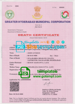 India death certificate template in PSD format, fully editable