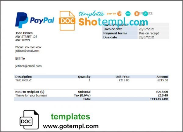 USA PayPal invoice template in Word and PDF format, fully editable