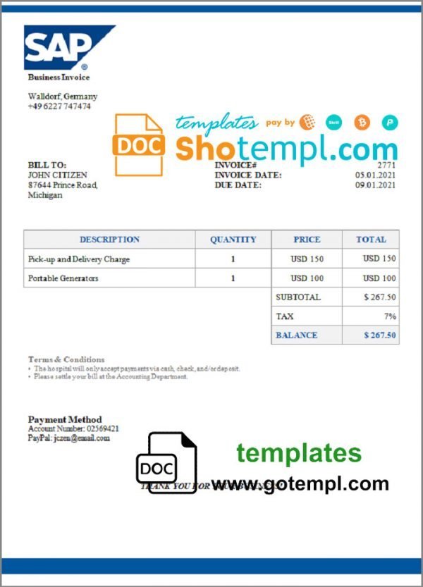 USA SAP invoice template in Word and PDF format, fully editable