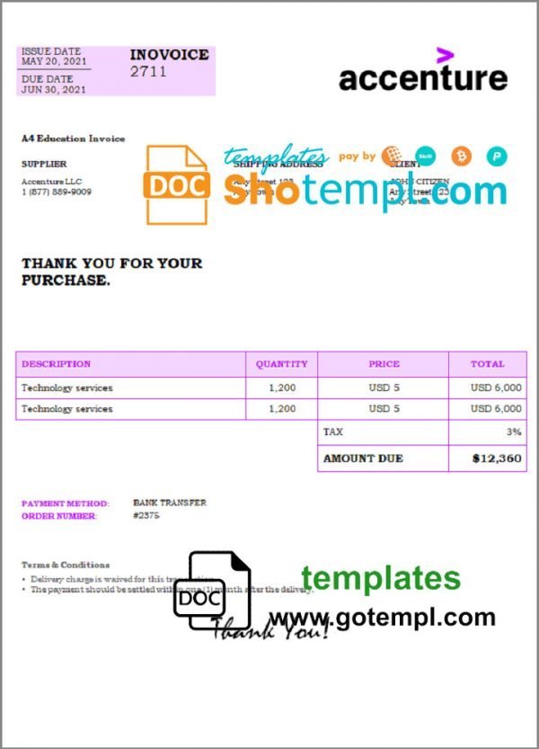 USA Accenture invoice template in Word and PDF format, fully editable