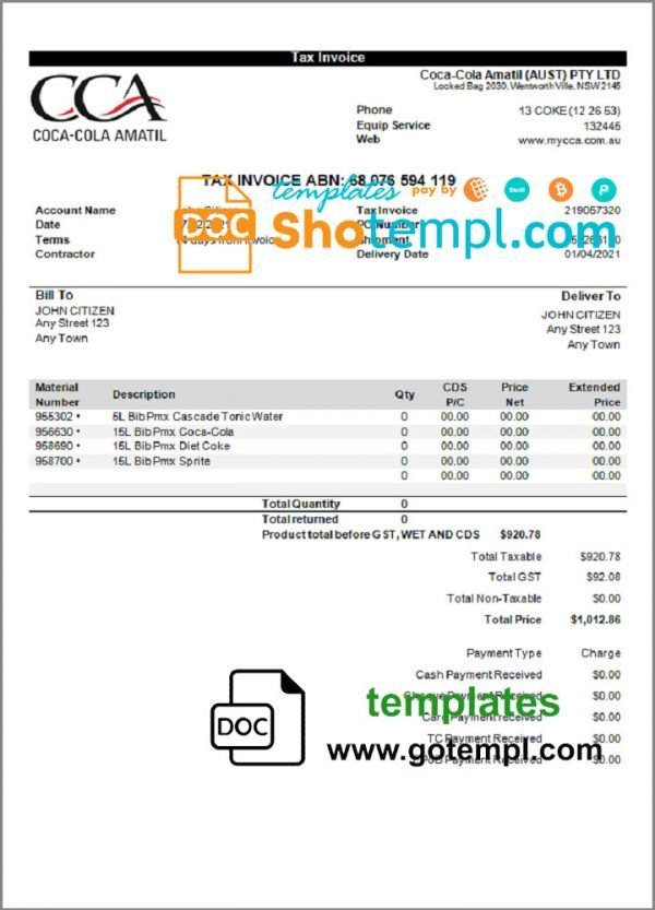 USA Coca-Cola invoice template in Word and PDF format, fully editable