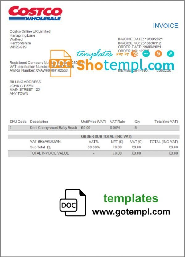 USA Costco invoice template in Word and PDF format, fully editable